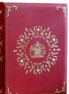 The Coronation Bible for King Charles III, bound in crimson goatskin with a gilt roundel