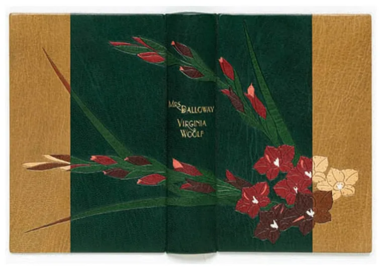 Mrs Dalloway bound in green and tan with onlaid flowers
