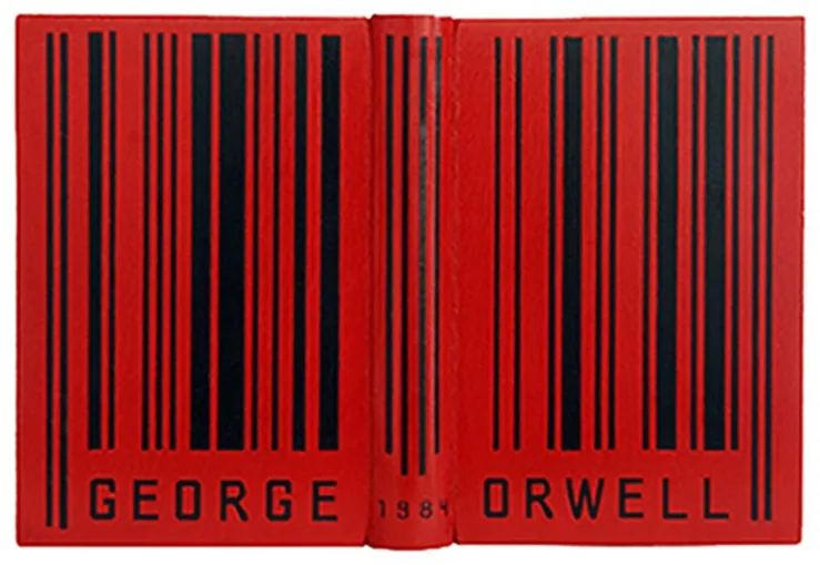 Nineteen Eighty-Four bound in red with a black barcode design